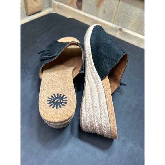 Ugg Womens Black Suede Fringe Cork Wedge Sandals Size 7 - Picture 6 of 9